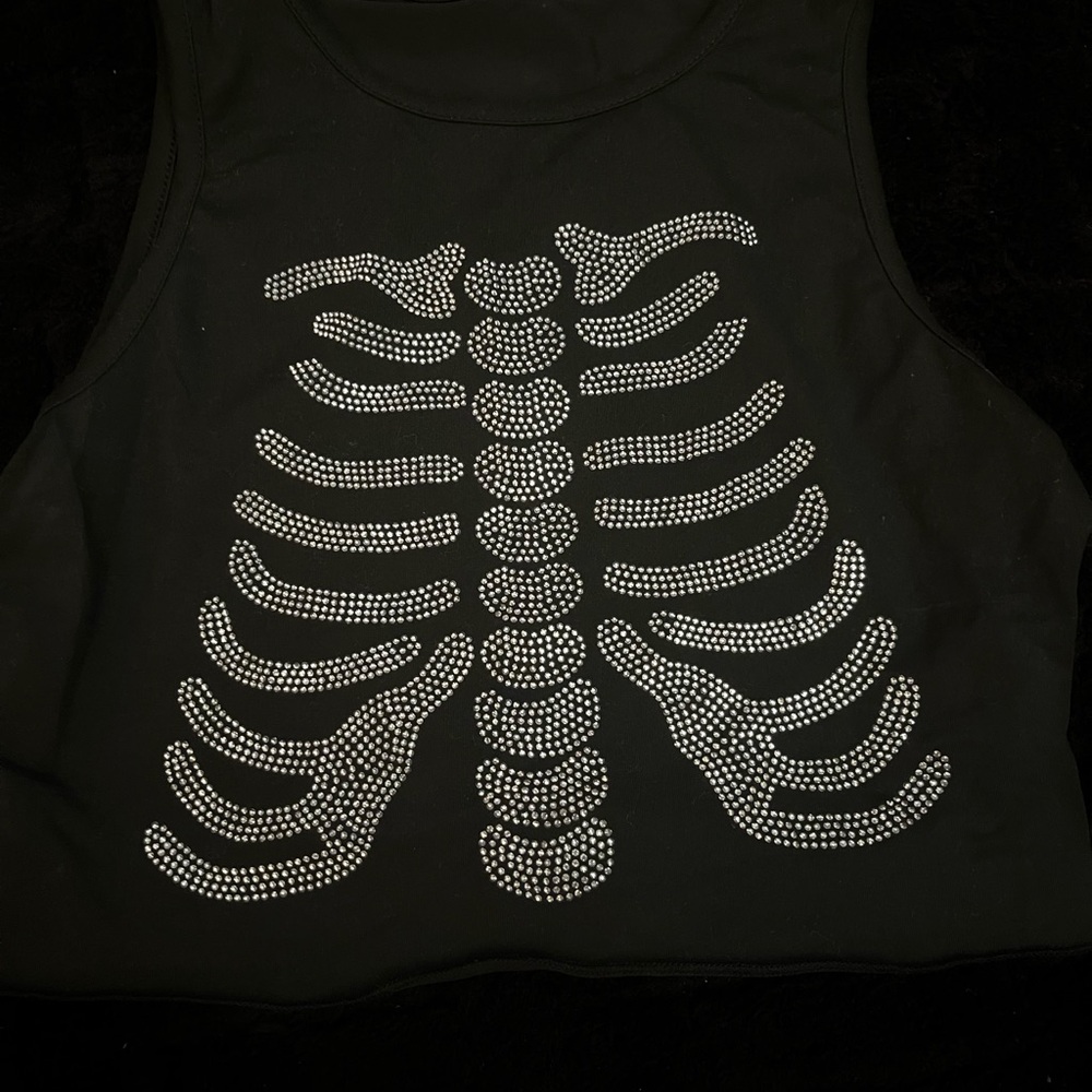 Black Rhinestone Skeleton Crop Top